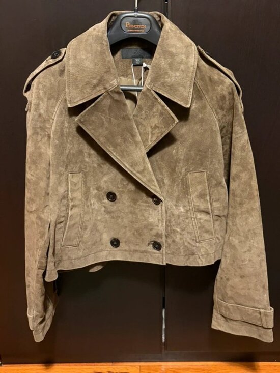 ZARA Jackets & Blazers - Zara Women’s Cropped Double Breasted 100% Leather Trench Coat, Dark Khaki, SMALL